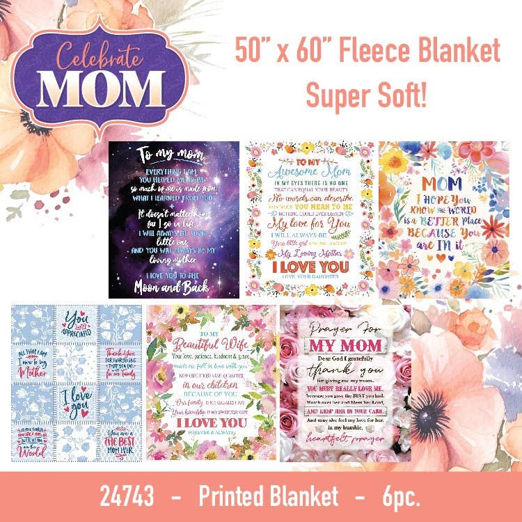 Plush Fleece Blanket 50 x 60 Mother's Day Assortment- 6/Pack