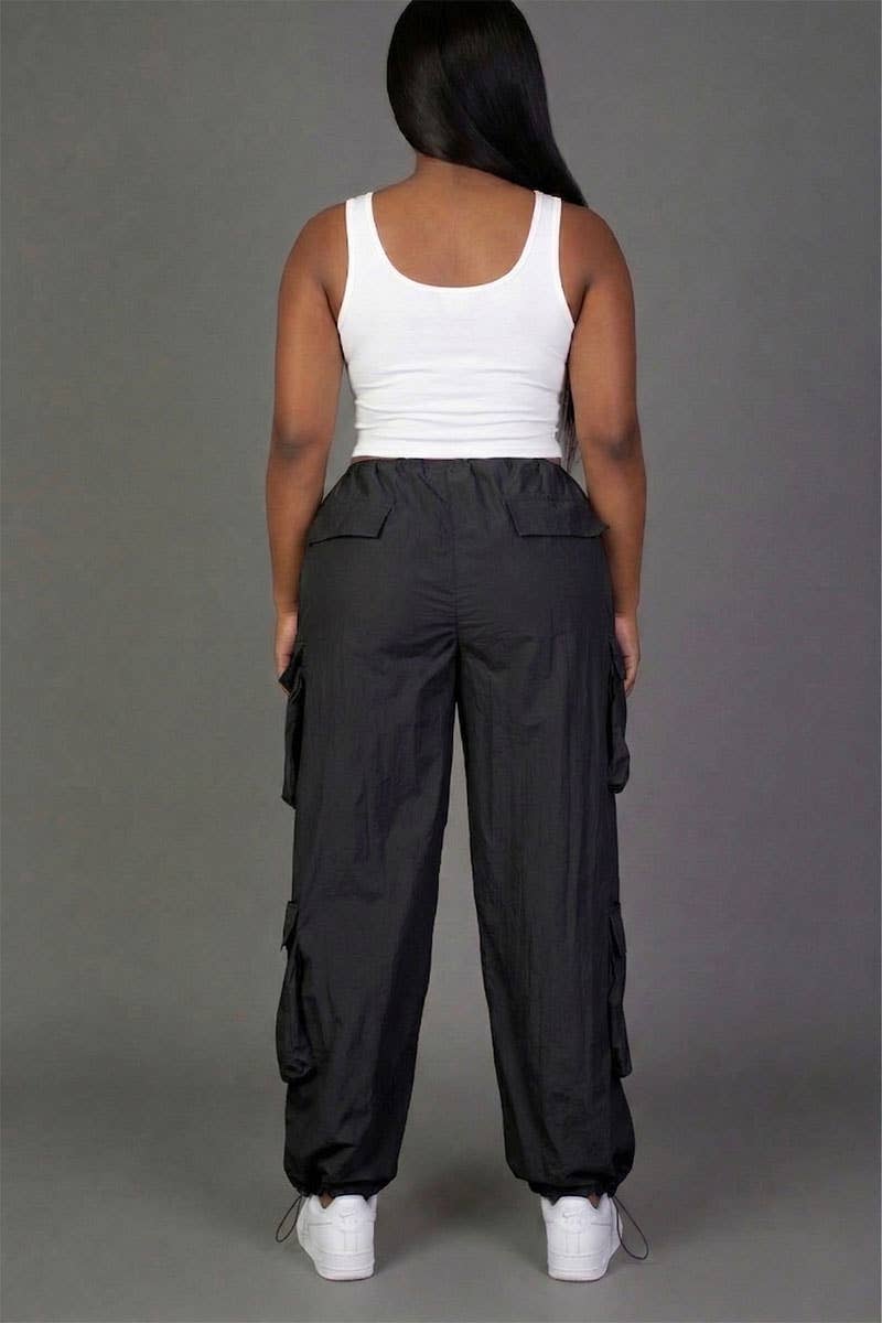 Plus Size Flap Pockets Drawstring Ruched Parachute Pants