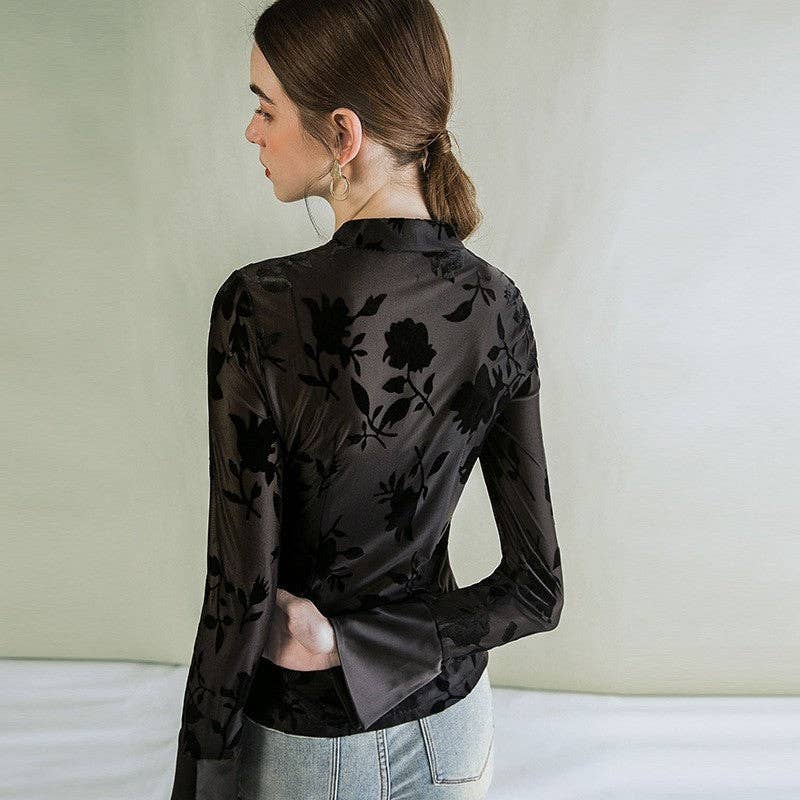 Printed Buttoned Stand Collar Long Sleeve Slim Fit Top