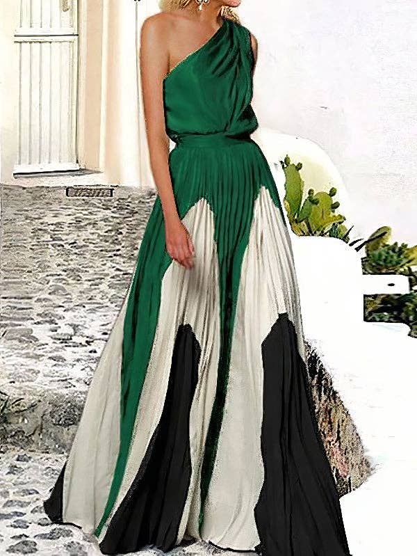 Sleeveless Asymmetric Pleated One-Shoulder Maxi Dress