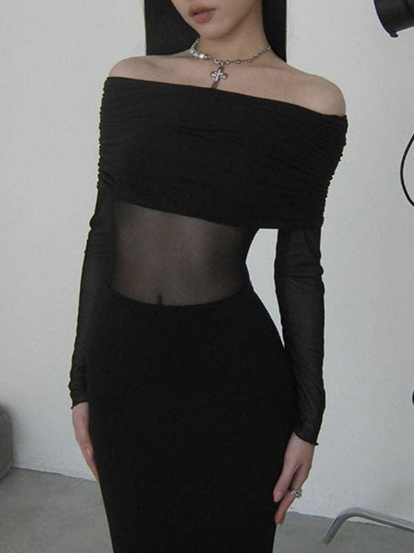 Skinny Pleated See-Through Off-The-Shoulder Evening Maxi Dress
