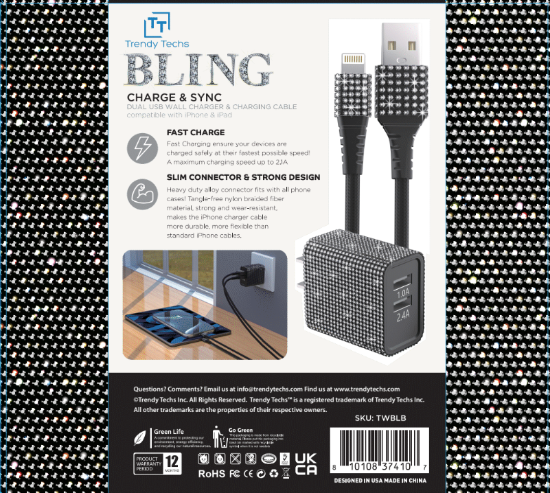 Bling Dual High-Speed Wall Charger Cable 6-ft Retail Pack