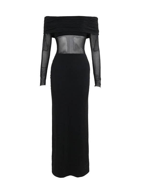 Skinny Pleated See-Through Off-The-Shoulder Evening Maxi Dress