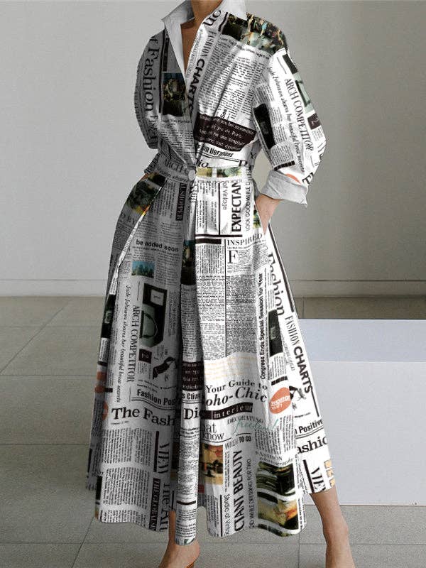 Long Sleeves Loose Letter Print Lapel Collar Midi Dress