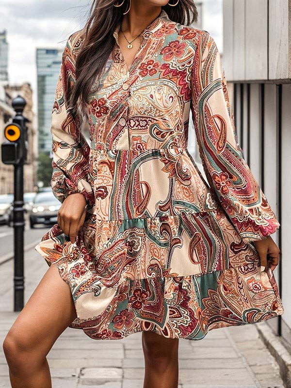 Long Sleeves Loose Buttoned Flower Print V-Neck Mini Dresses