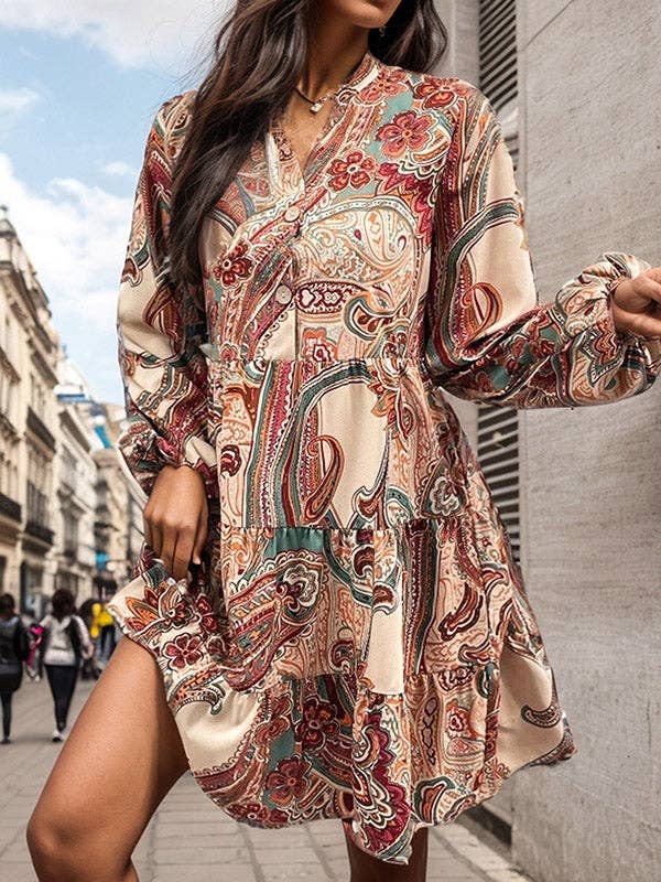 Long Sleeves Loose Buttoned Flower Print V-Neck Mini Dresses
