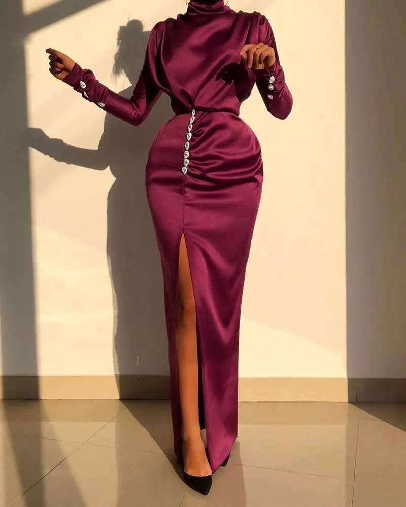 High neck ruched thigh slit evening dress