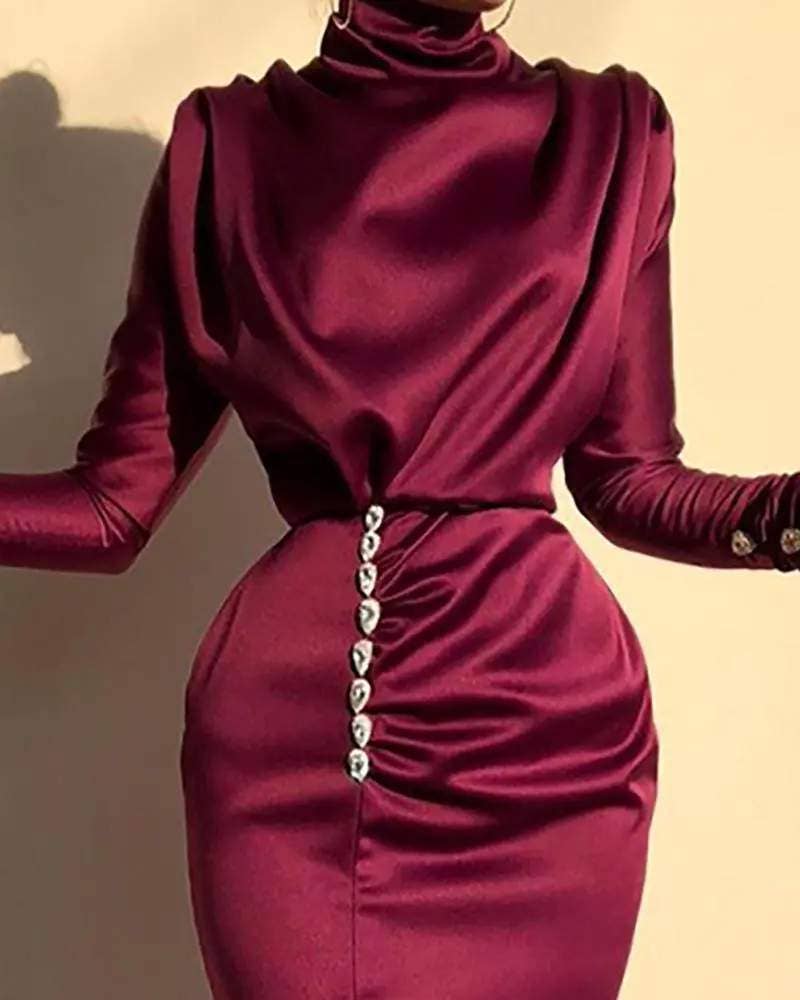 High neck ruched thigh slit evening dress