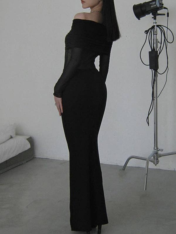 Skinny Pleated See-Through Off-The-Shoulder Evening Maxi Dress