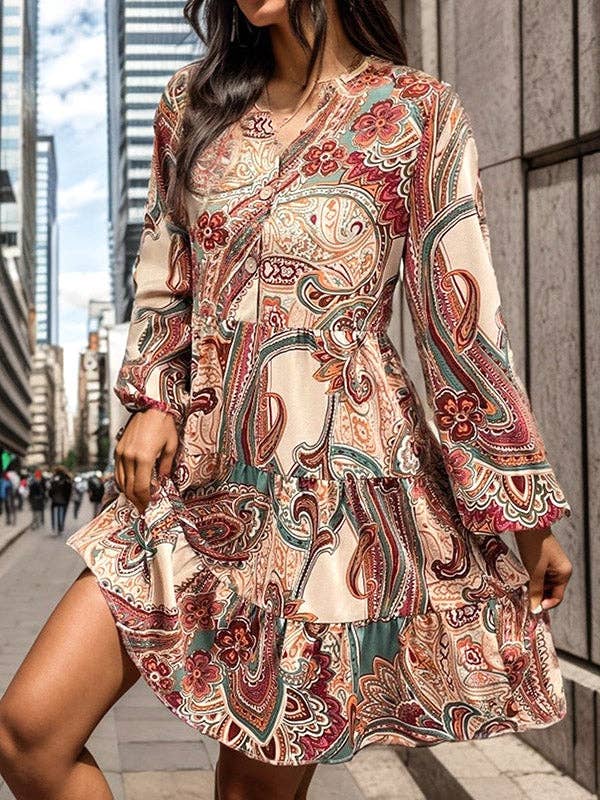 Long Sleeves Loose Buttoned Flower Print V-Neck Mini Dresses