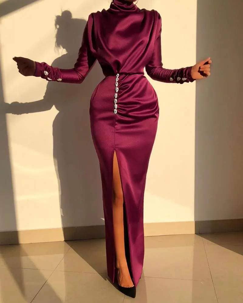High neck ruched thigh slit evening dress