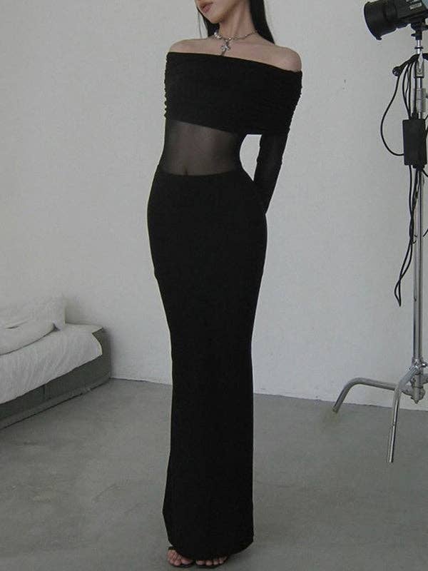 Skinny Pleated See-Through Off-The-Shoulder Evening Maxi Dress