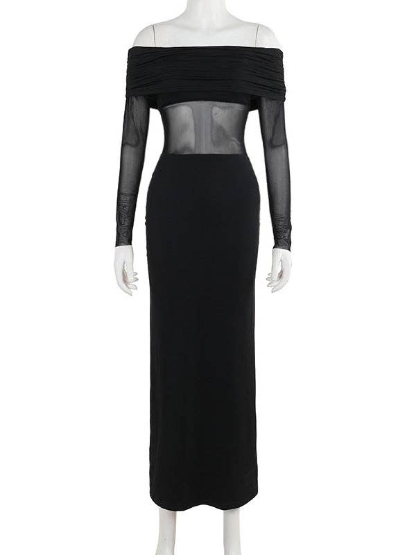 Skinny Pleated See-Through Off-The-Shoulder Evening Maxi Dress