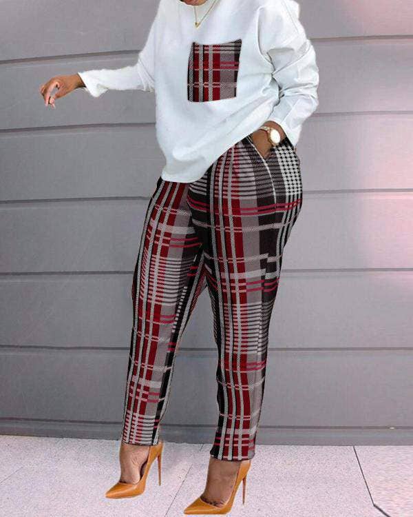Print long sleeve top pocket design pants set