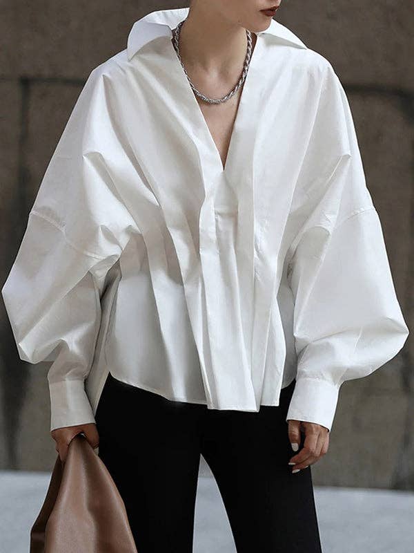 Long Sleeves Loose Pleated Lapel Collar Blouse