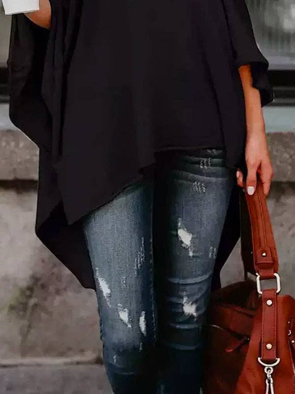 Solid Color High-Neck Asymmetric Casual T-Shirt Tops