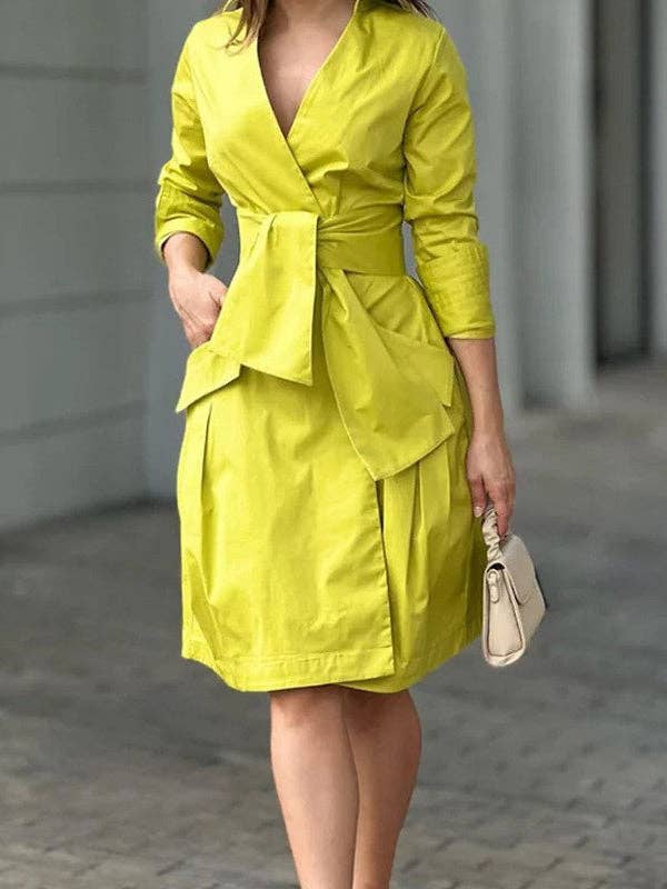 Tied Waist Deep V-Neck Mini Dress