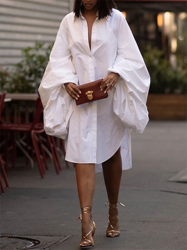 Puff Sleeves Loose Pleated Split-Side Midi Dress