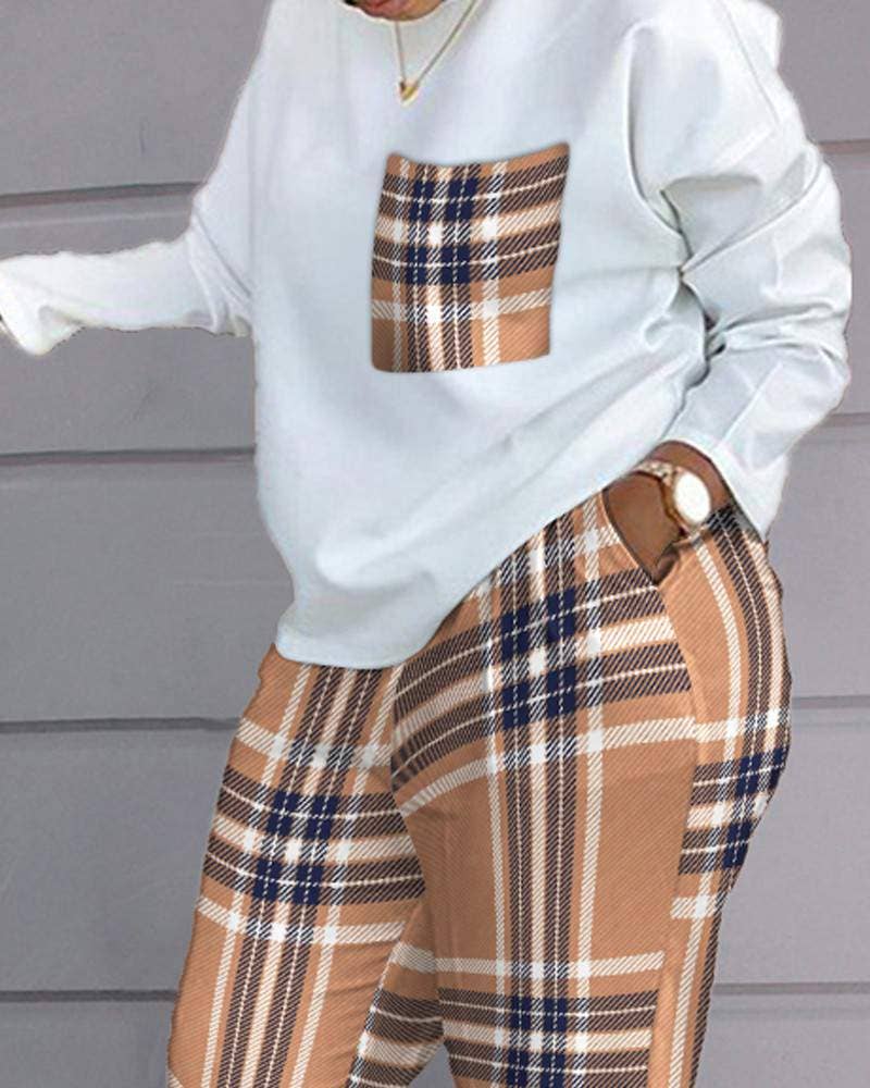 Print long sleeve top pocket design pants set