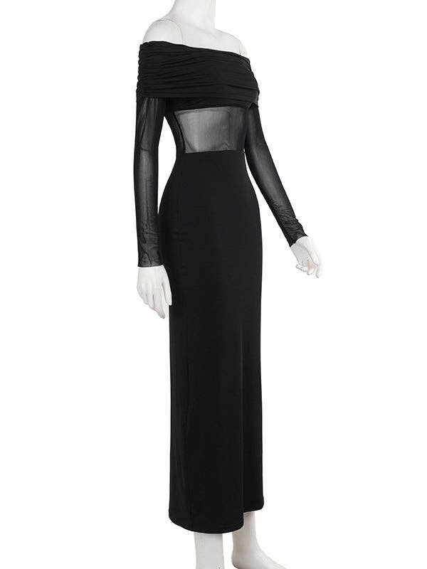 Skinny Pleated See-Through Off-The-Shoulder Evening Maxi Dress