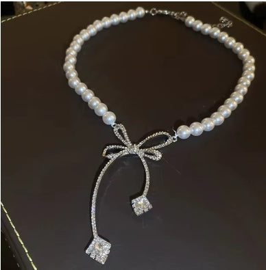 Pearl Rhinestone Bow Necklace