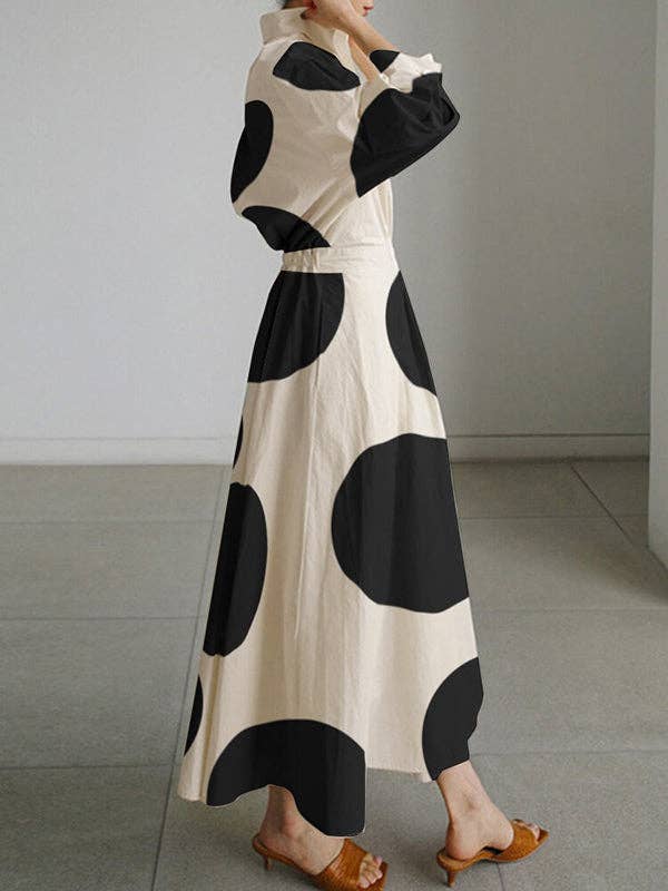 Polka-Dot Tied Waist Lapel Shirt Dress