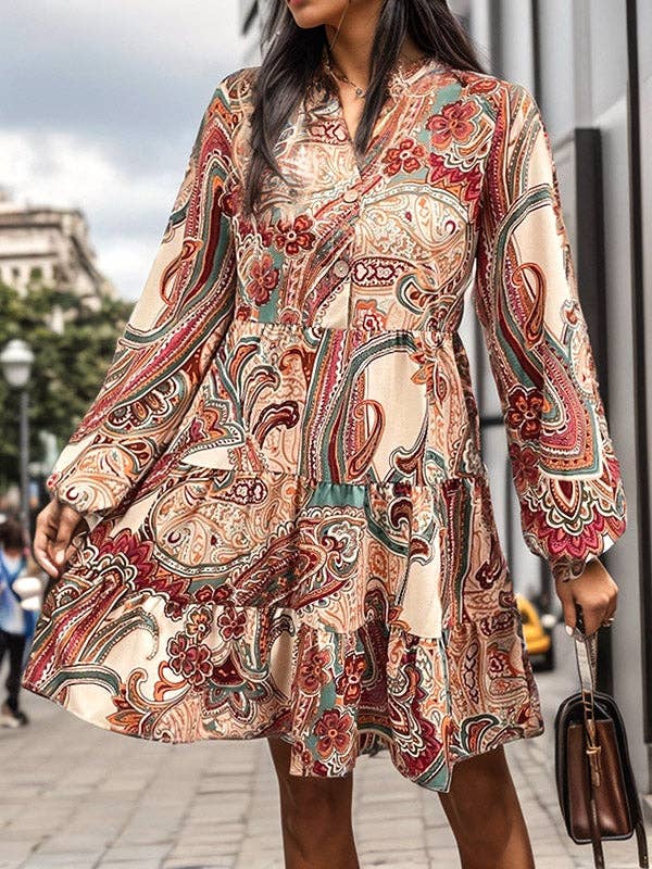 Long Sleeves Loose Buttoned Flower Print V-Neck Mini Dresses