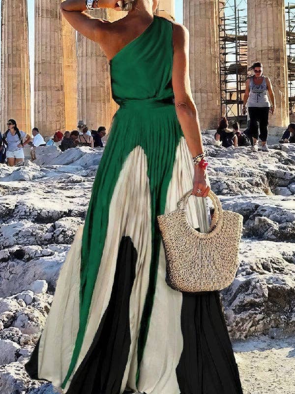 Sleeveless Asymmetric Pleated One-Shoulder Maxi Dress