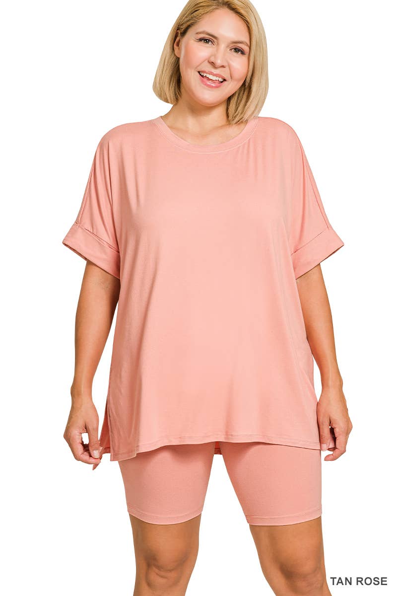 `Plus Microfiber Top & Biker Shorts 2pc Set - Zenana