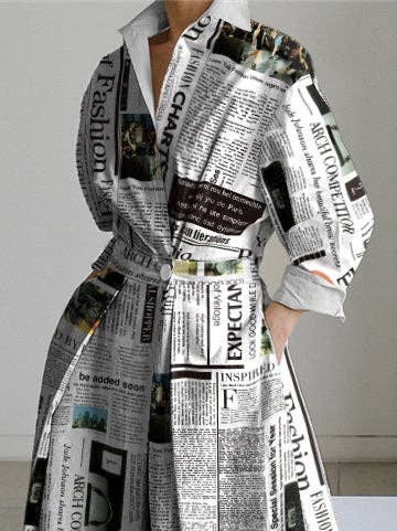 Long Sleeves Loose Letter Print Lapel Collar Midi Dress