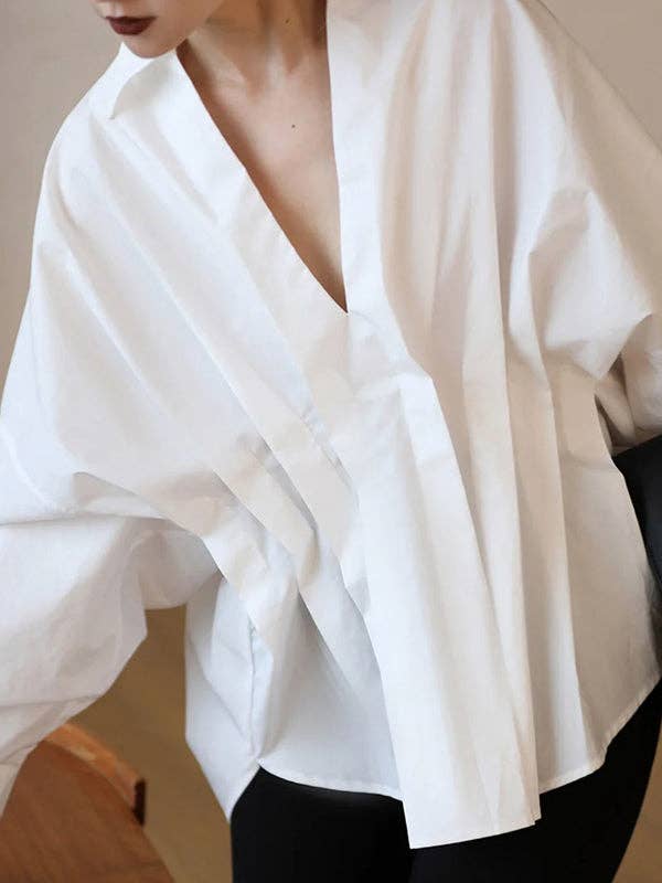 Long Sleeves Loose Pleated Lapel Collar Blouse