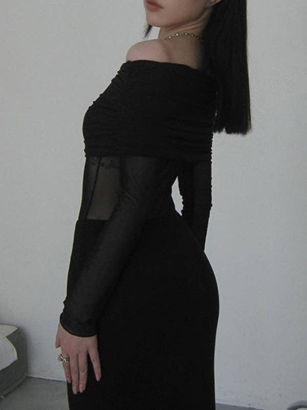 Skinny Pleated See-Through Off-The-Shoulder Evening Maxi Dress