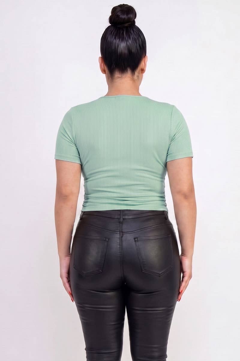 Plus Size Ribbed Ruched Drawstring Surplice Top
