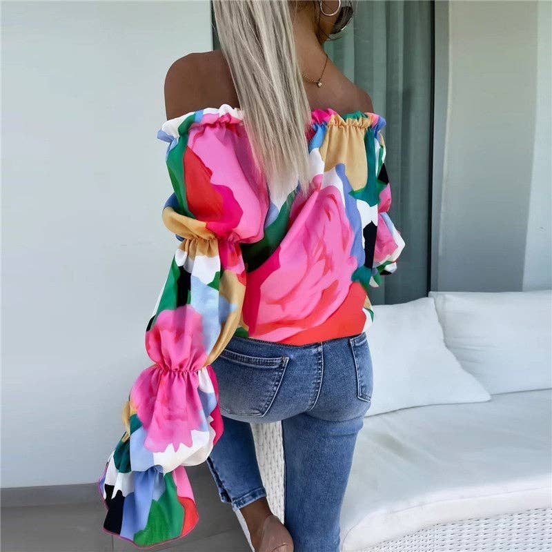 Printed One-Shoulder Loose-Fit Blouse