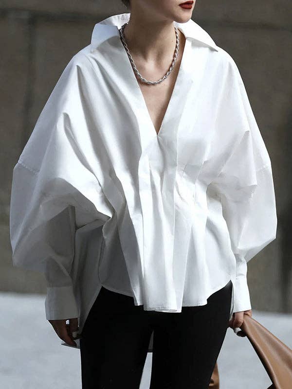 Long Sleeves Loose Pleated Lapel Collar Blouse