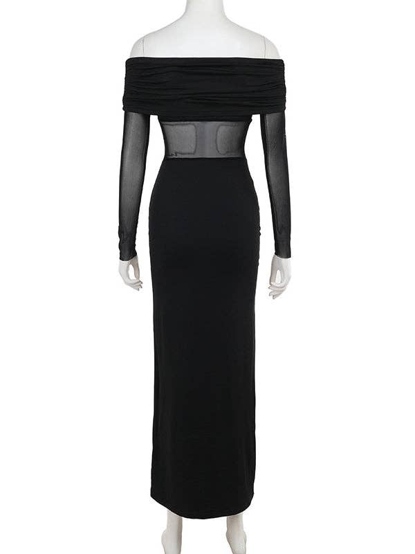 Skinny Pleated See-Through Off-The-Shoulder Evening Maxi Dress