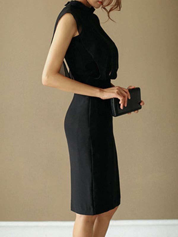 Sleeveless Gauze Hollow See-Through Stand Collar Evening Midi Dresses