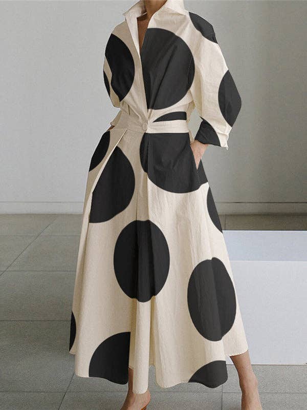 Polka-Dot Tied Waist Lapel Shirt Dress