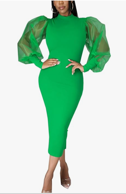 Green Puff Sleeve Bodycon Dress