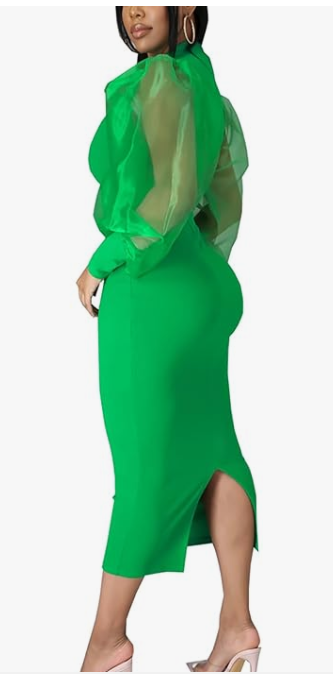 Green Puff Sleeve Bodycon Dress