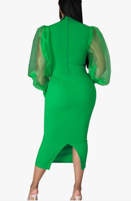 Green Puff Sleeve Bodycon Dress