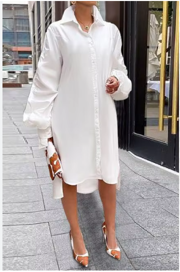 White Ruched Lantern Sleeve Button Down Shirt Dress