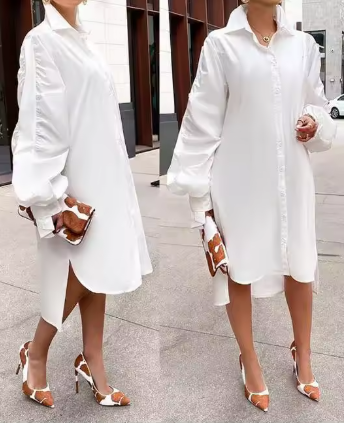 White Ruched Lantern Sleeve Button Down Shirt Dress