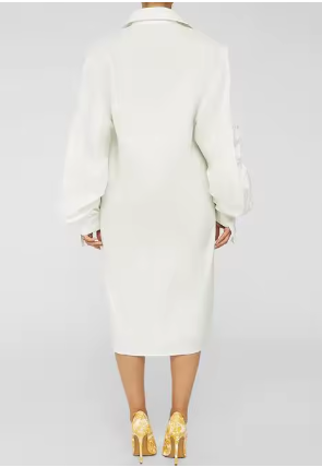 White Ruched Lantern Sleeve Button Down Shirt Dress