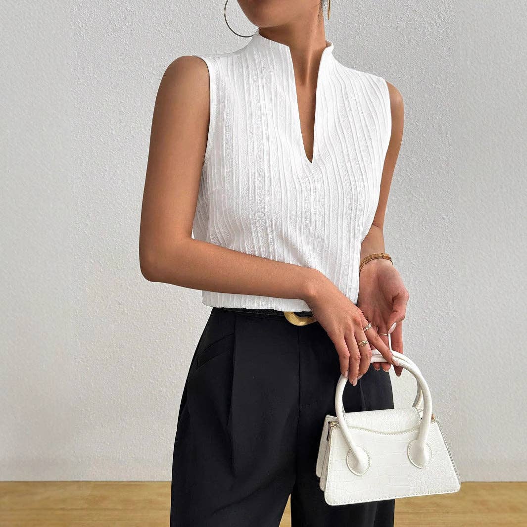 Textured Sleeveless V Neck Slim Fit Top