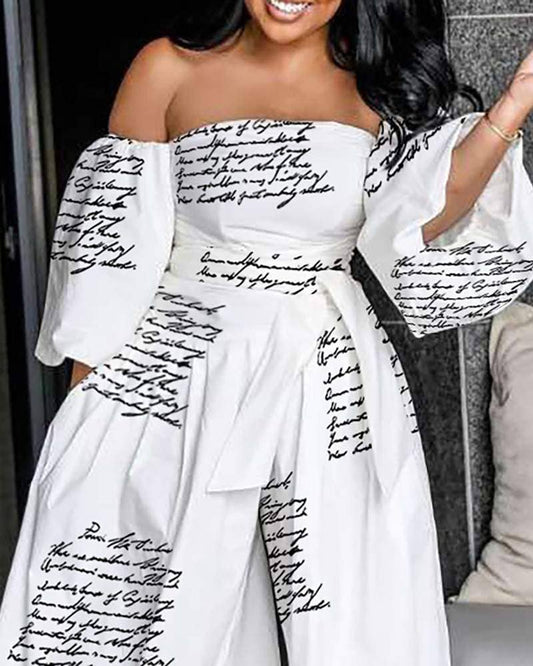 Off shoulder lantern sleeve wide leg jumpsuit