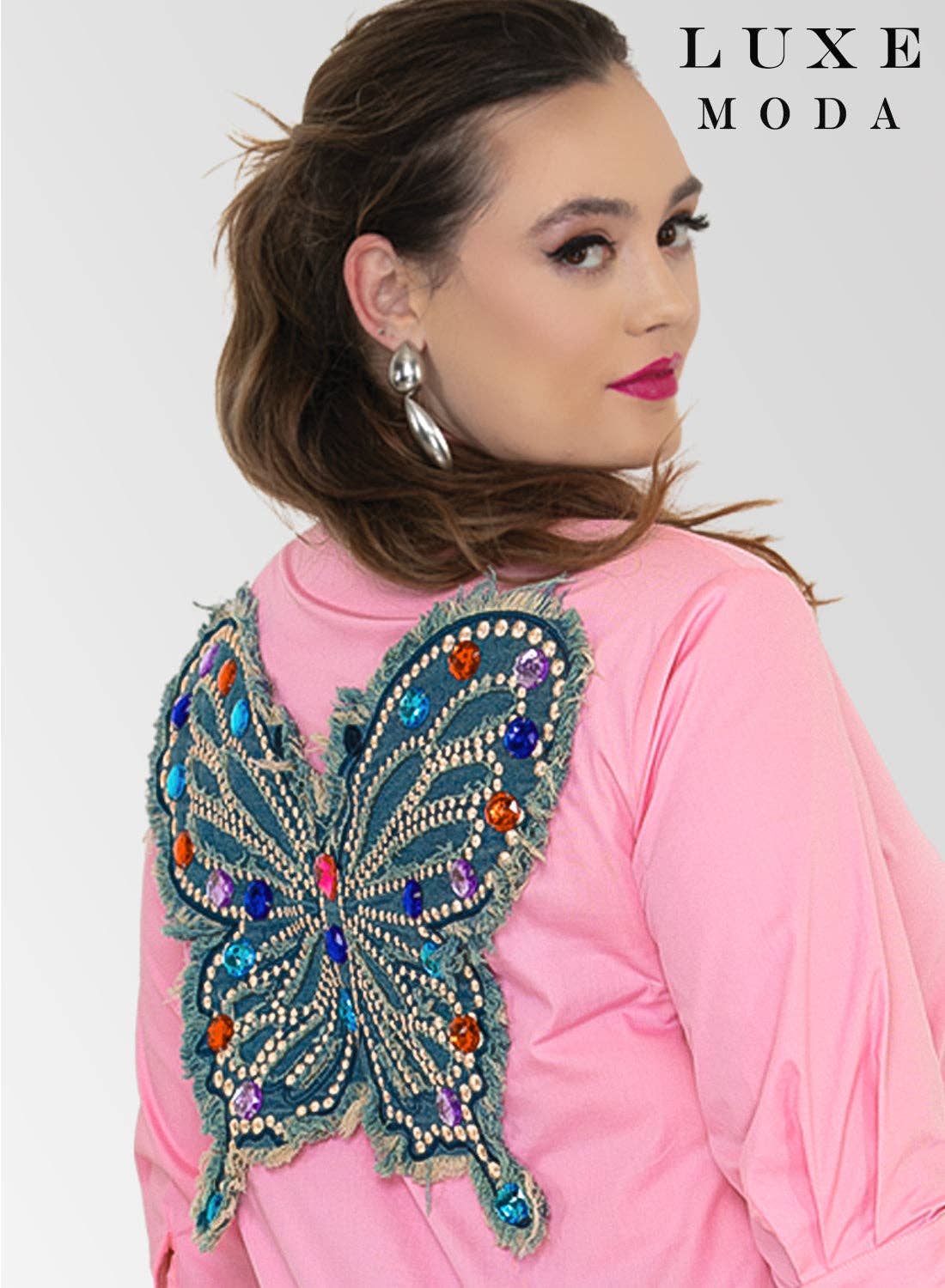 Jeweled Butterfly Statement Shirt Dress