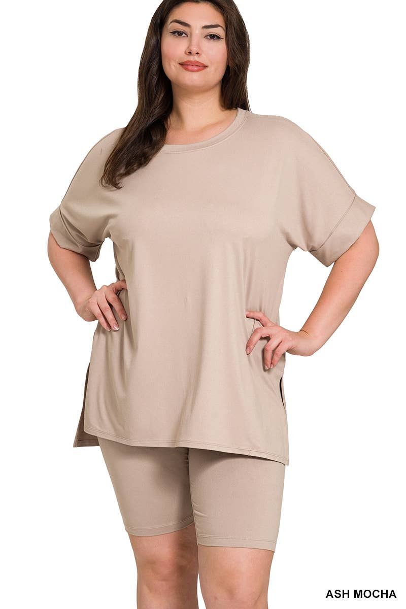 `Plus Microfiber Top & Biker Shorts 2pc Set - Zenana