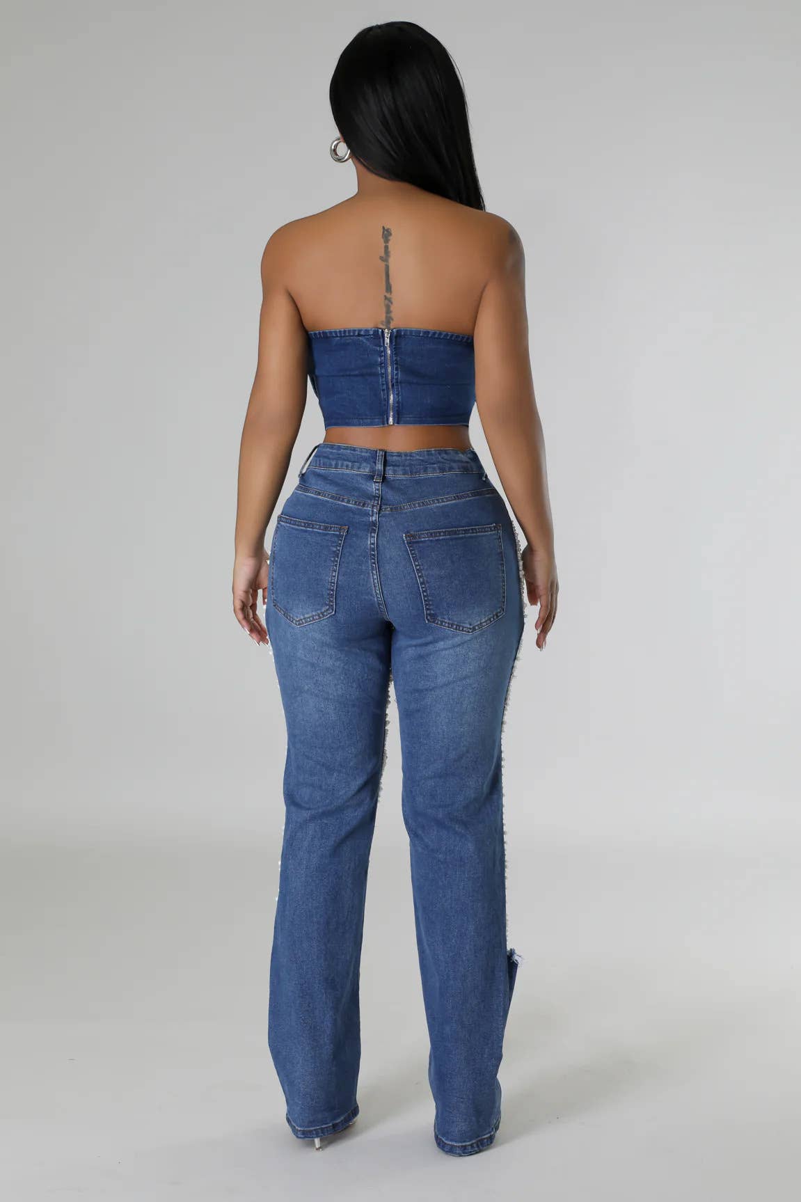 Pearl & Rhinestone Chain Ripped Cut Out Jeans