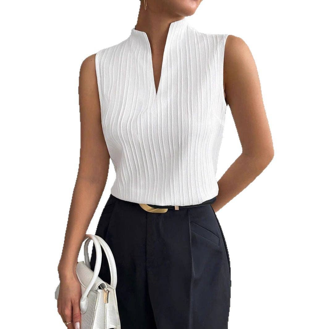 Textured Sleeveless V Neck Slim Fit Top